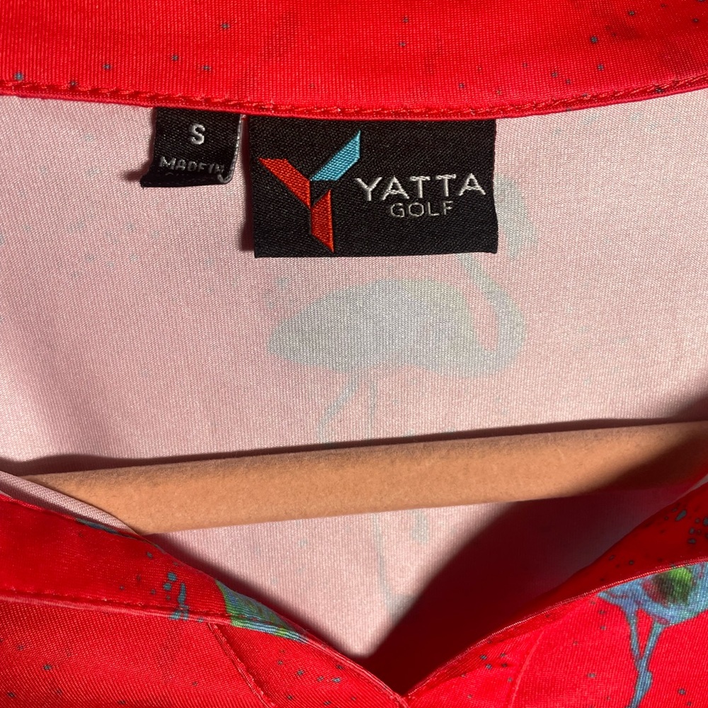 Yatta Red All Over Print Flamingo Golf Polo Shirt Mens Small Stretch - Picture 2 of 4